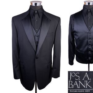 Jos A Bank Black Tuxedo 2 Piece Suit Vest/Jacket  Mens Sz 43R Two Button Wool